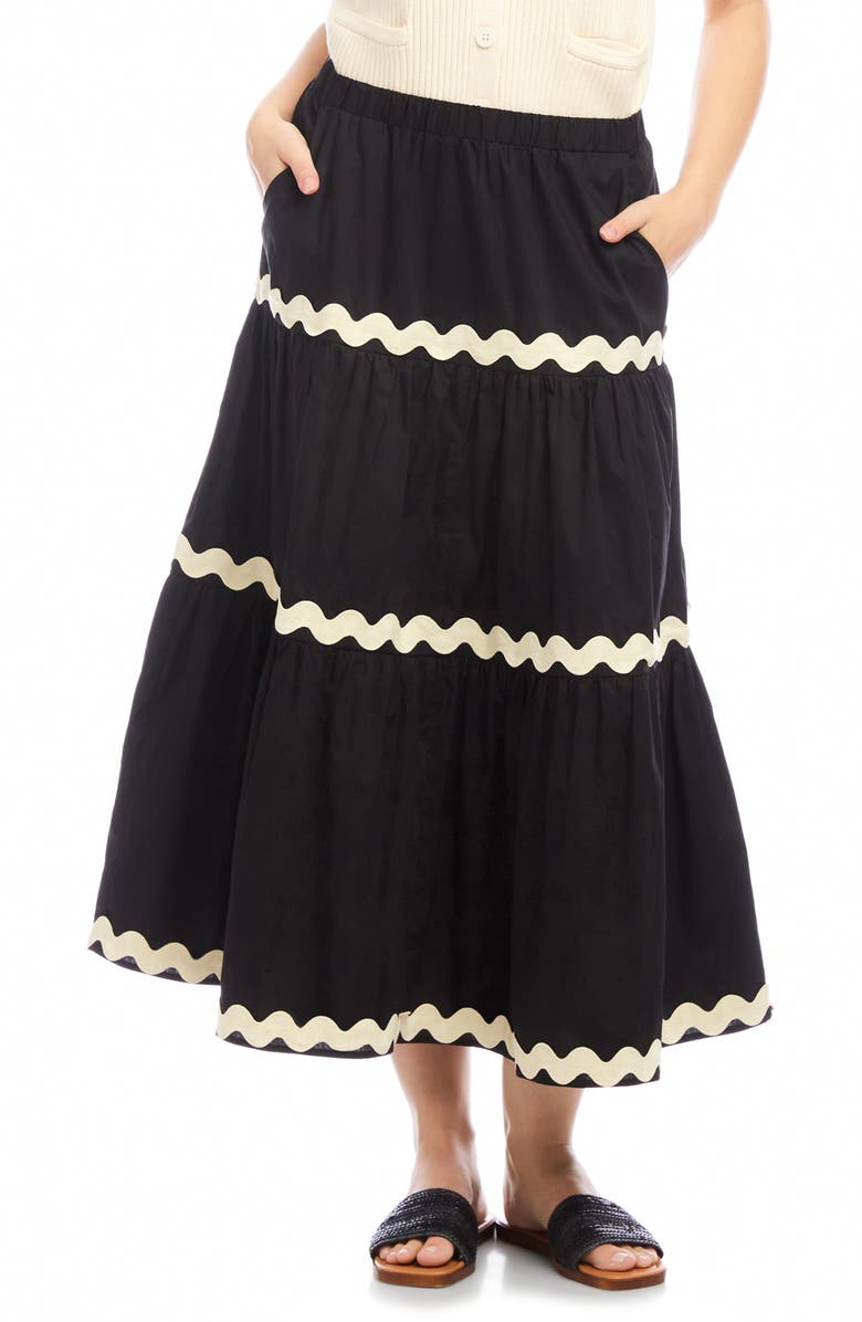 Karen Kane Rickrack Trim Cotton Midi Skirt, Main, color, Black W/ Natural