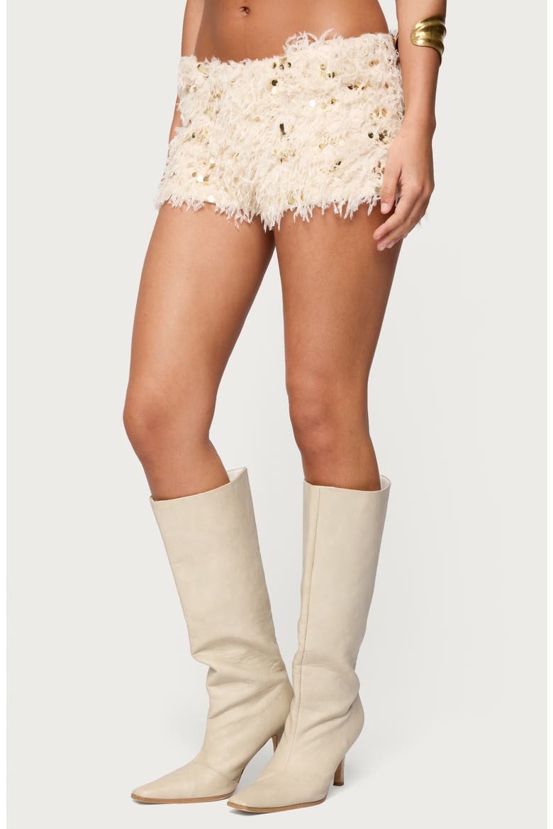 Sequin Faux Feather Microshorts, Alternate, color, CREAM