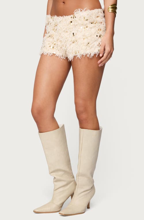 Edikted Sequin Faux Feather Microshorts In White