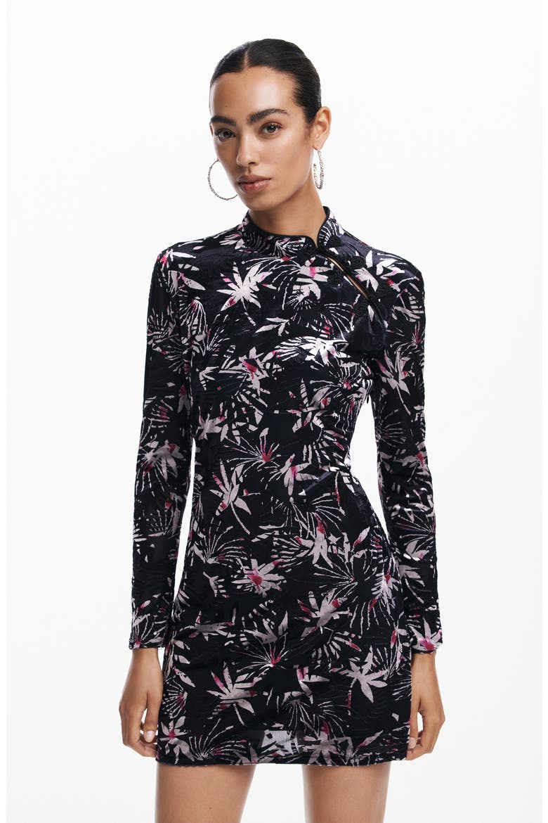 Print Long Sleeve Minidress, Alternate, color, BLACK