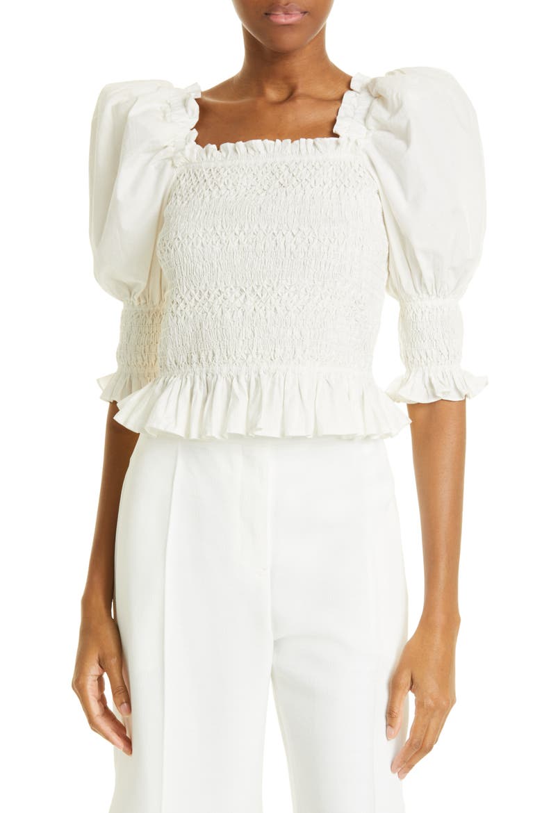Simona Puff Sleeve Smocked Top, Main, color, WHITE