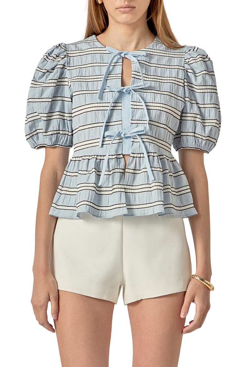Bow Detail Puff Sleeve Peplum Top, Main, color, POWDER BLUE MULTI