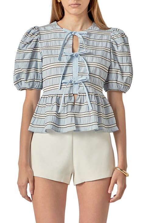 Bow Detail Puff Sleeve Peplum Top