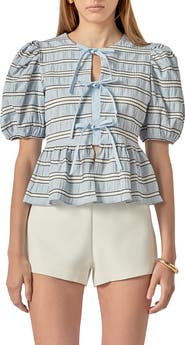 English Factory Bow Detail Puff Sleeve Peplum Top