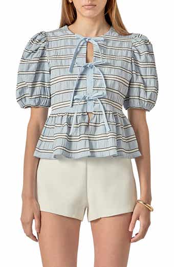 Bow Detail Puff Sleeve Peplum Top