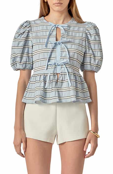 Bow Detail Puff Sleeve Peplum Top