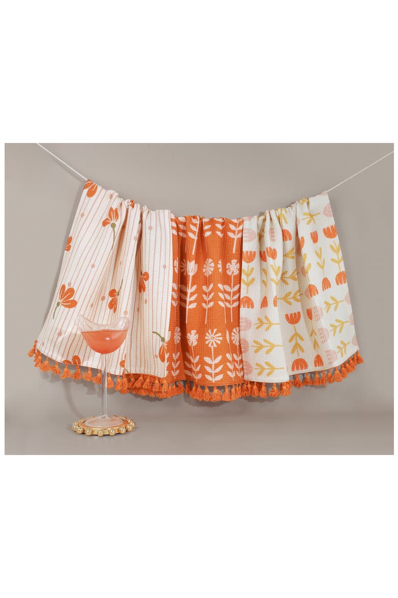 The Valencia Folk Art Set of 3 Cotton Waffle Kitchen Towels, Alternate, color, TERRACOTTA/ CREAM