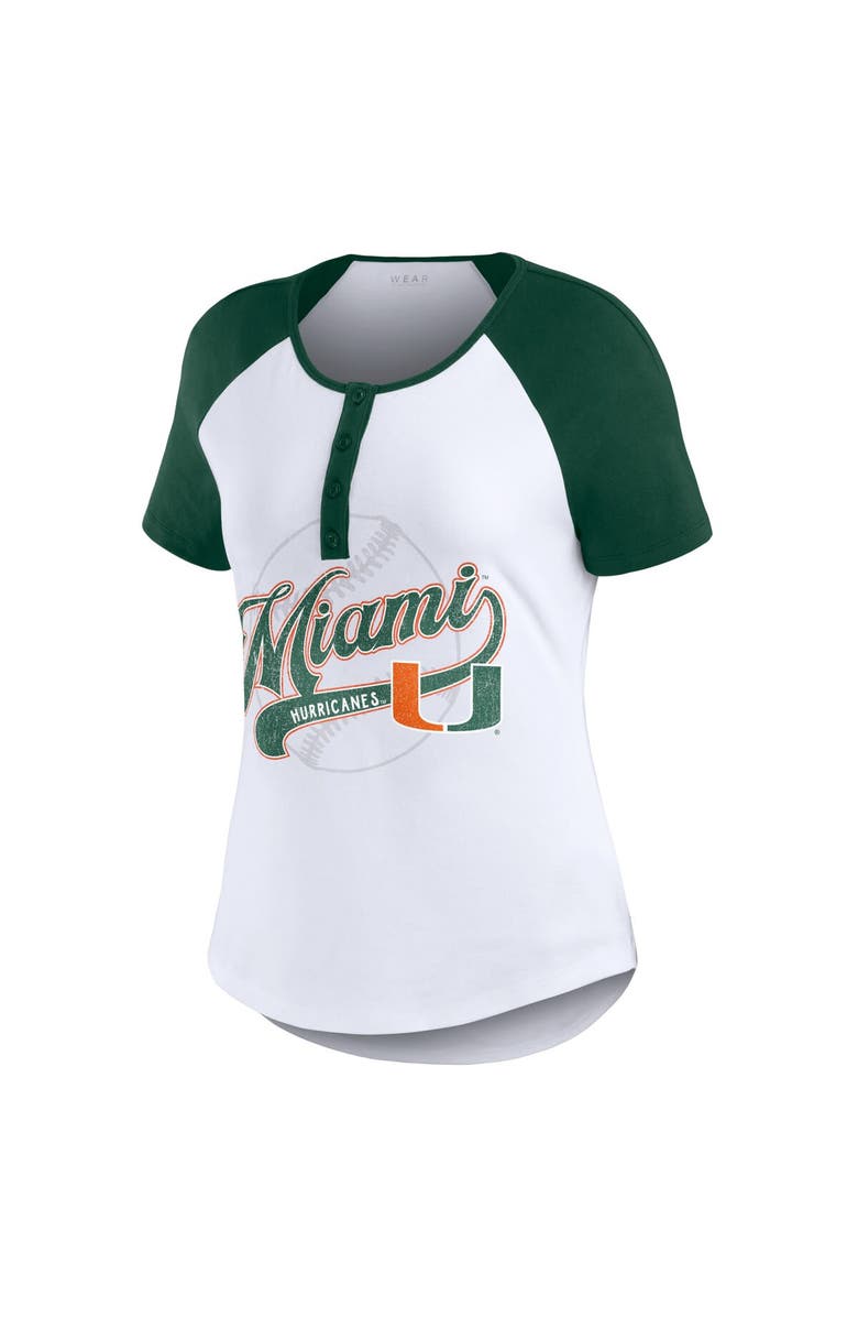 WEAR by Erin Andrews Women's WEAR by Erin Andrews White Miami Hurricanes Baseball Logo Raglan Henley T-Shirt, Alternate, color, White