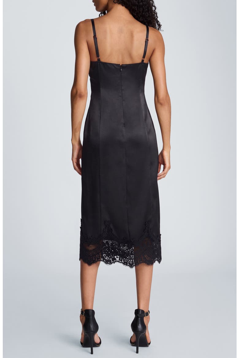 Contrast Lace Trim Satin Midi Dress, Alternate, color, BLACK