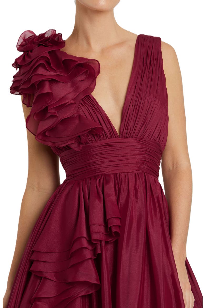 Ruffle Shoulder V-Neck Chiffon Gown, Alternate, color, Wine