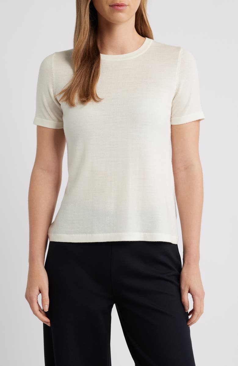 Anne Klein Luxe Washable Short Sleeve Wool Sweater, Main, color, White Dove