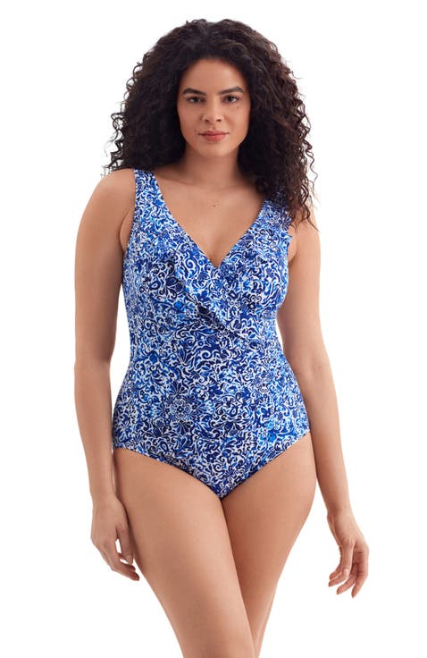 Ruffle Front Surplice Long Torso One-Piece Swimsuit