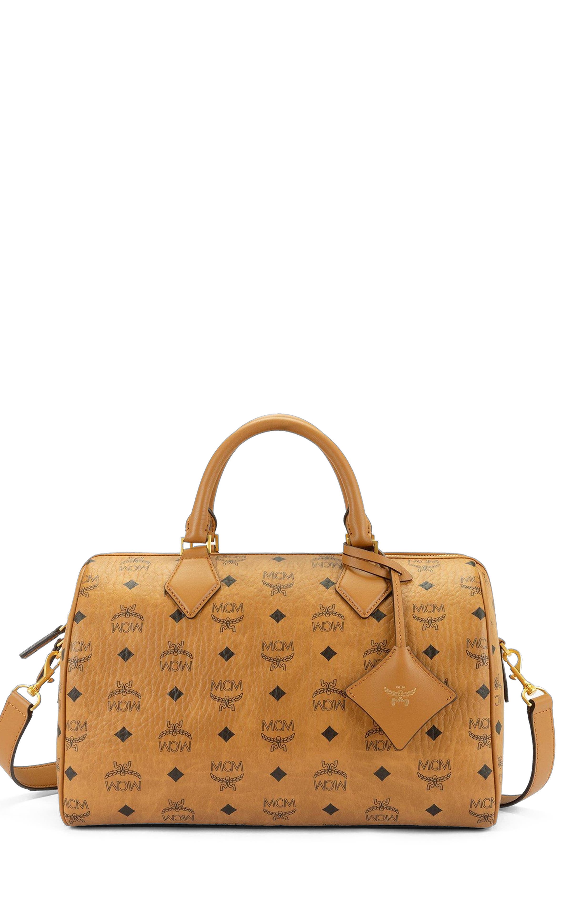 MCM Medium Ella Boston Bag in Visetos, Main, color, Cognac