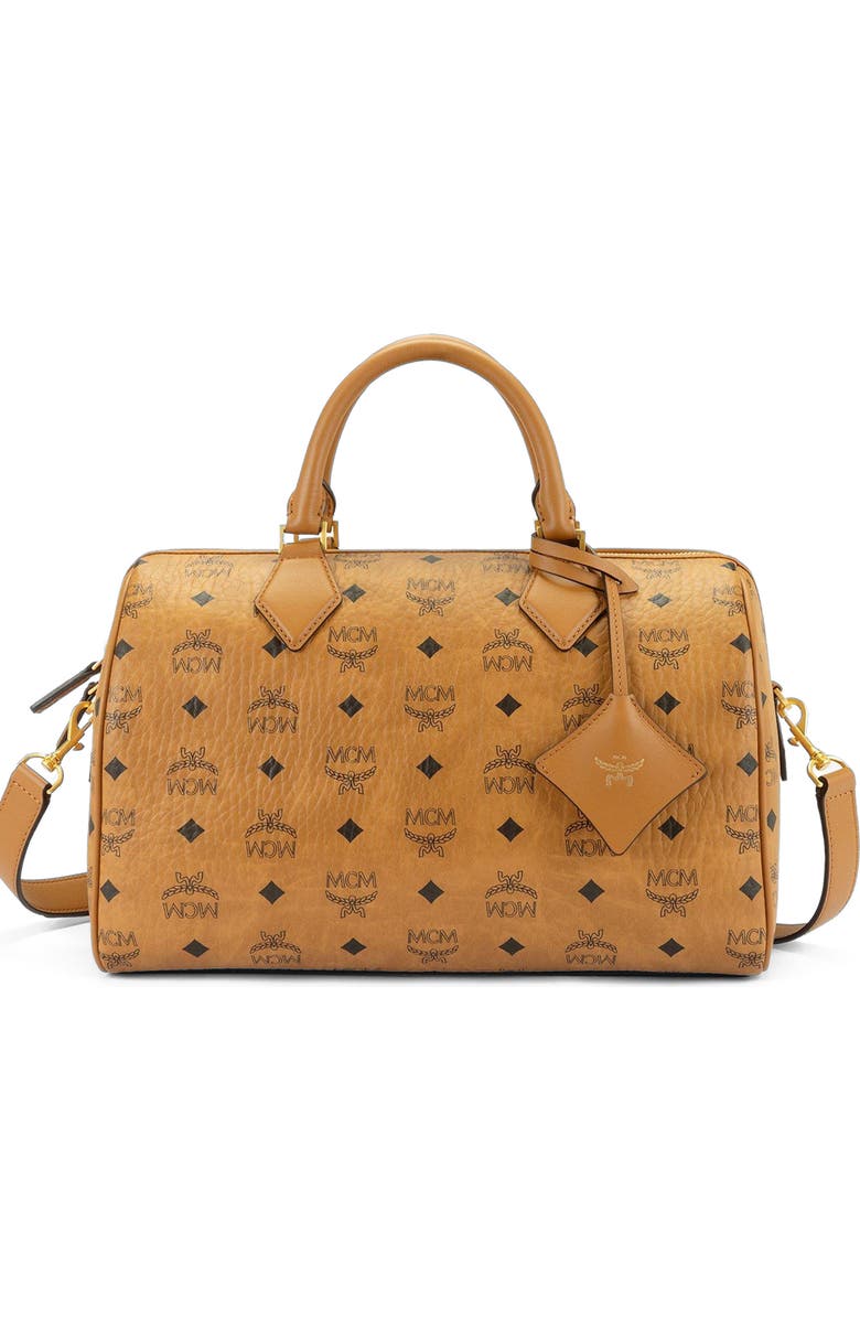 MCM Medium Ella Boston Bag in Visetos, Main, color, Cognac