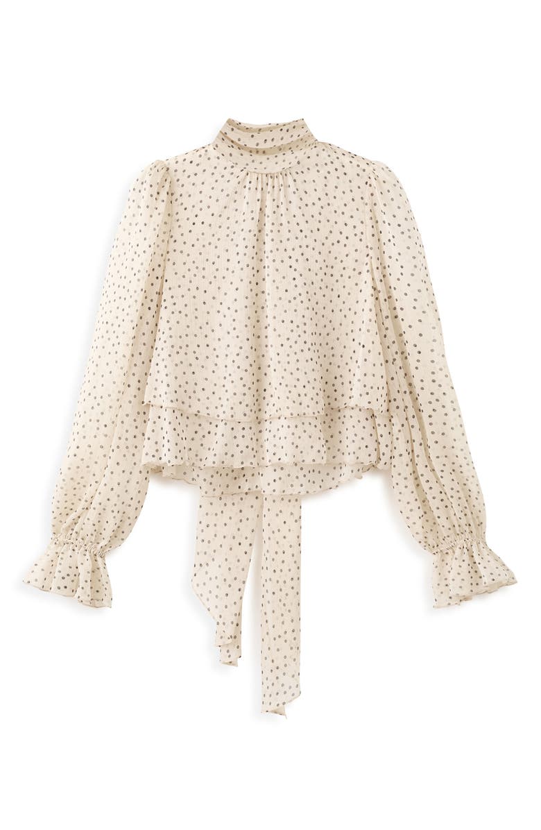 MANGO Polka Dot Tie Neck Top, Alternate, color, Ecru