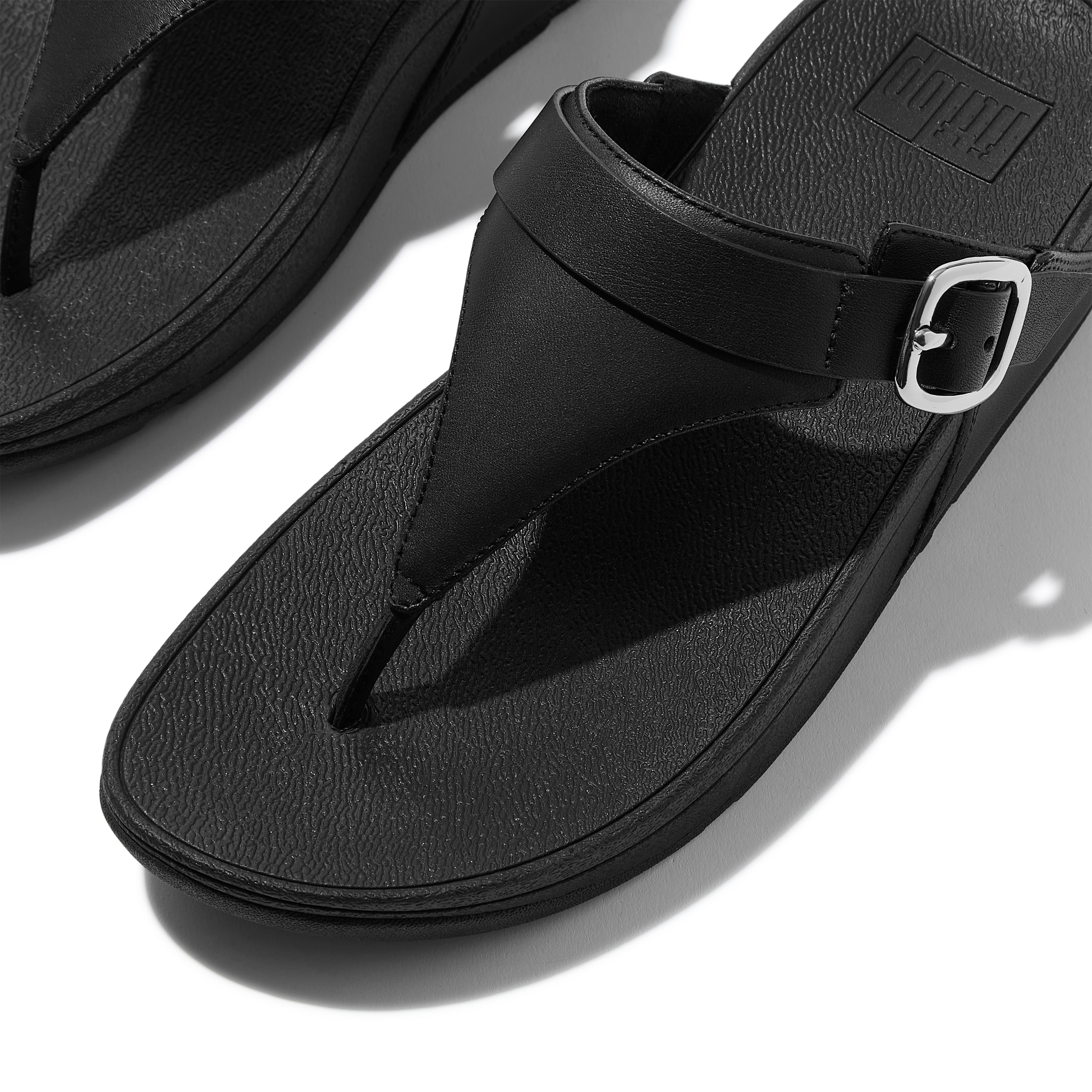 Lulu Adjustable leather toe-post sandals, Alternate, color, All Black