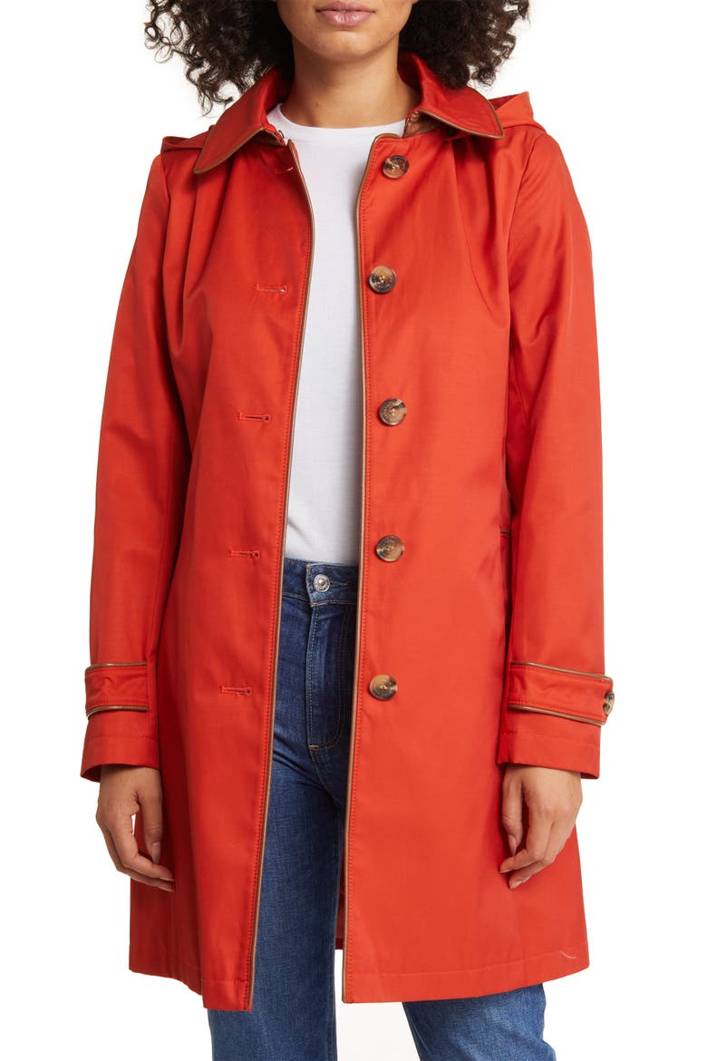 Hooded Belted Faux Leather Trim Trench Coat, Alternate, color, HARVEST ORANGE