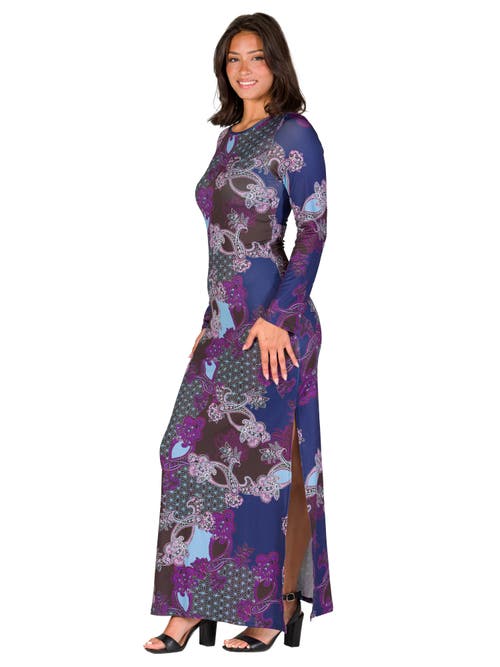 24seven Comfort Apparel Paisley Long Sleeve Side Slit Fitted Maxi Dress In Purple
