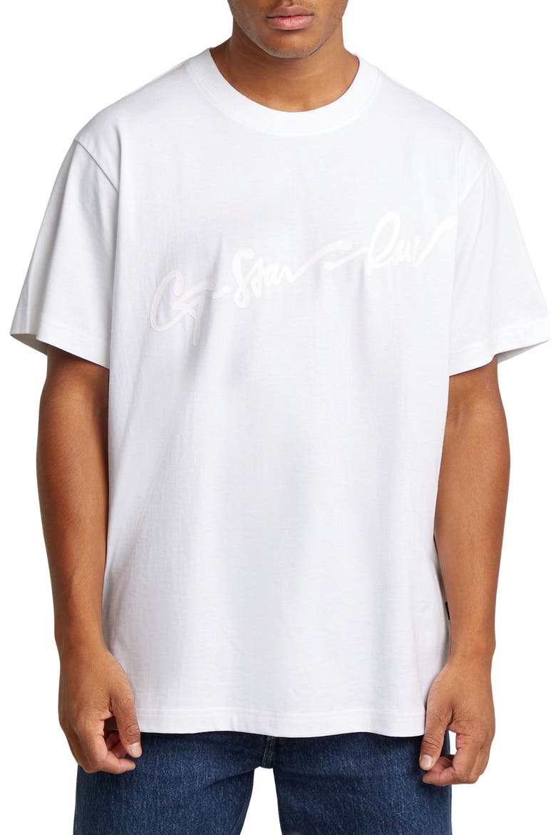 Flocked G-Script Loose Fit Organic Cotton T-Shirt, Main, color, WHITE