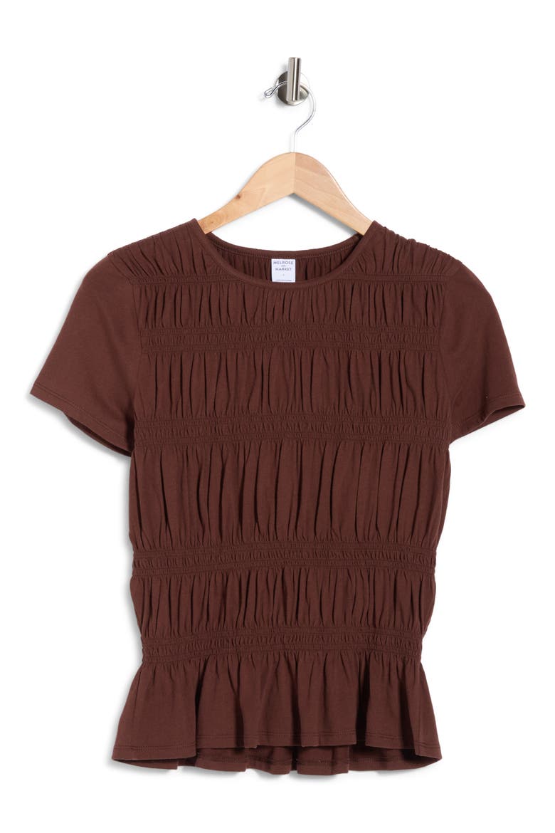Short Sleeve Smocked T-Shirt, Alternate, color, BROWN CHICORY