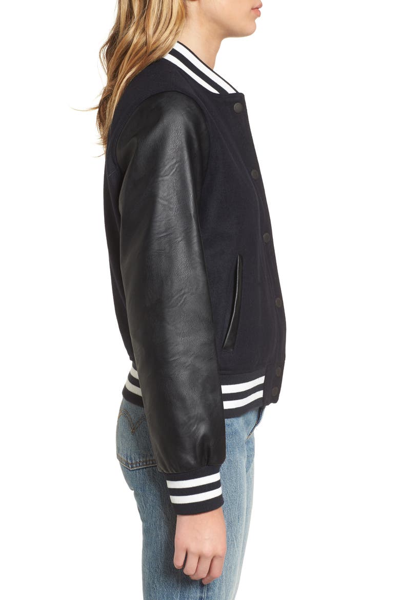 LEVIS® Mixed Media Varsity Bomber Jacket, Alternate, color, NAVY