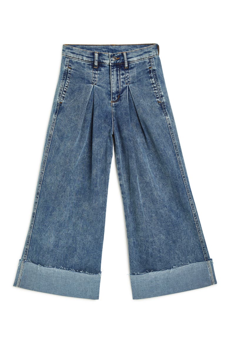 Kids' Pleated Cuffed Wide Leg Jeans, Main, color, MEDIUM INDIGO