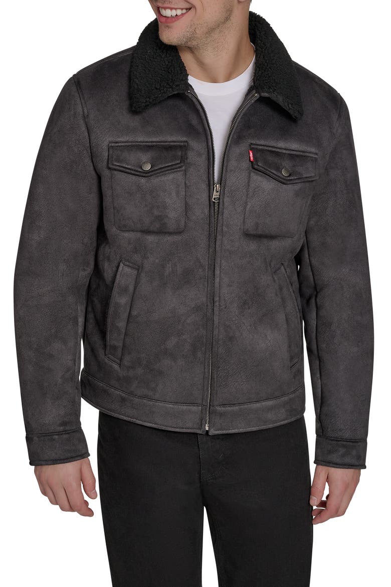 Faux Shearling Lined Trucker Jacket, Main, color, BLACK