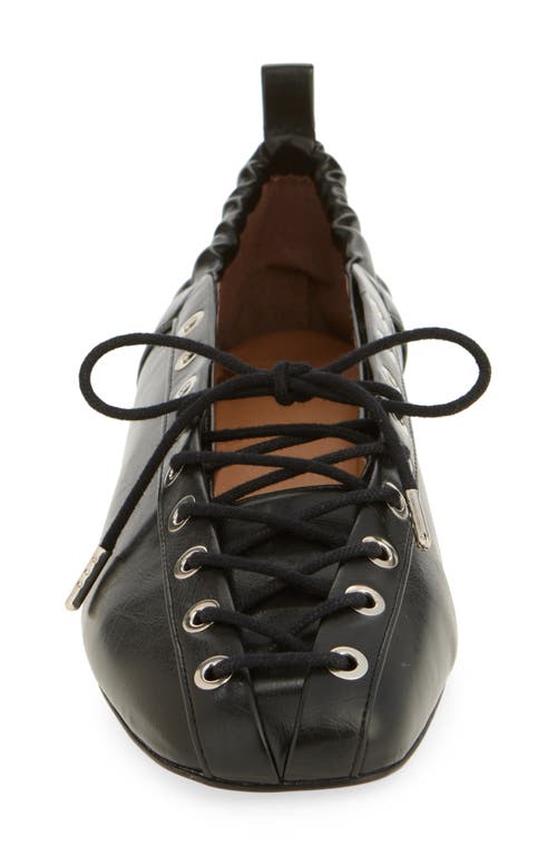 Ganni Black Lace-up Ballerinas With Metal Eyelets And Elasticized Ankle In Eco-leather Woman In Black