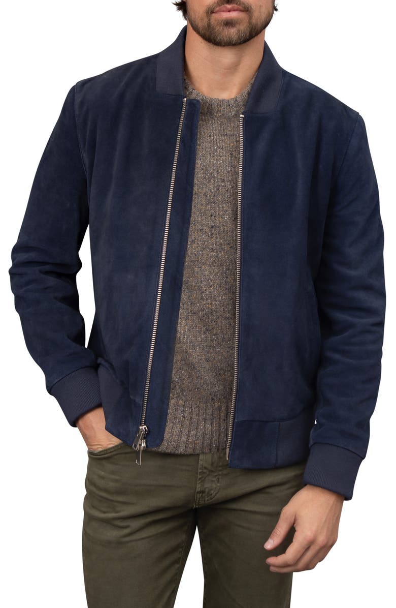 Bagatelle Suede Bomber Jacket, Main, color, Navy