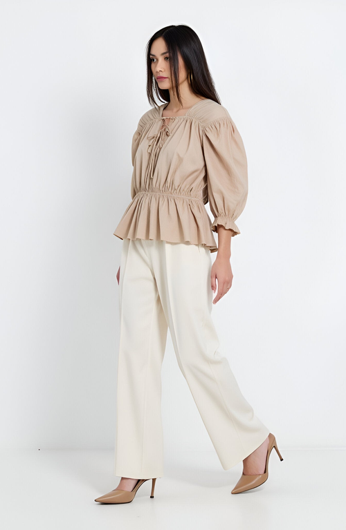 Modenaire Gathered Peplum Tie-front Puff-sleeve Blouse In Nude