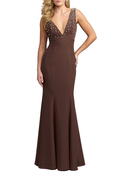 Embellished Crepe Sleeveless V-Neck Gown