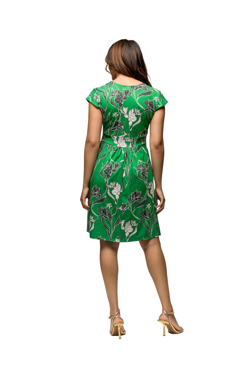 24seven Comfort Apparel Maternity Cap Sleeve Green Floral V-Neck Knee Length Pocket Dress, Alternate, color, Green Multi