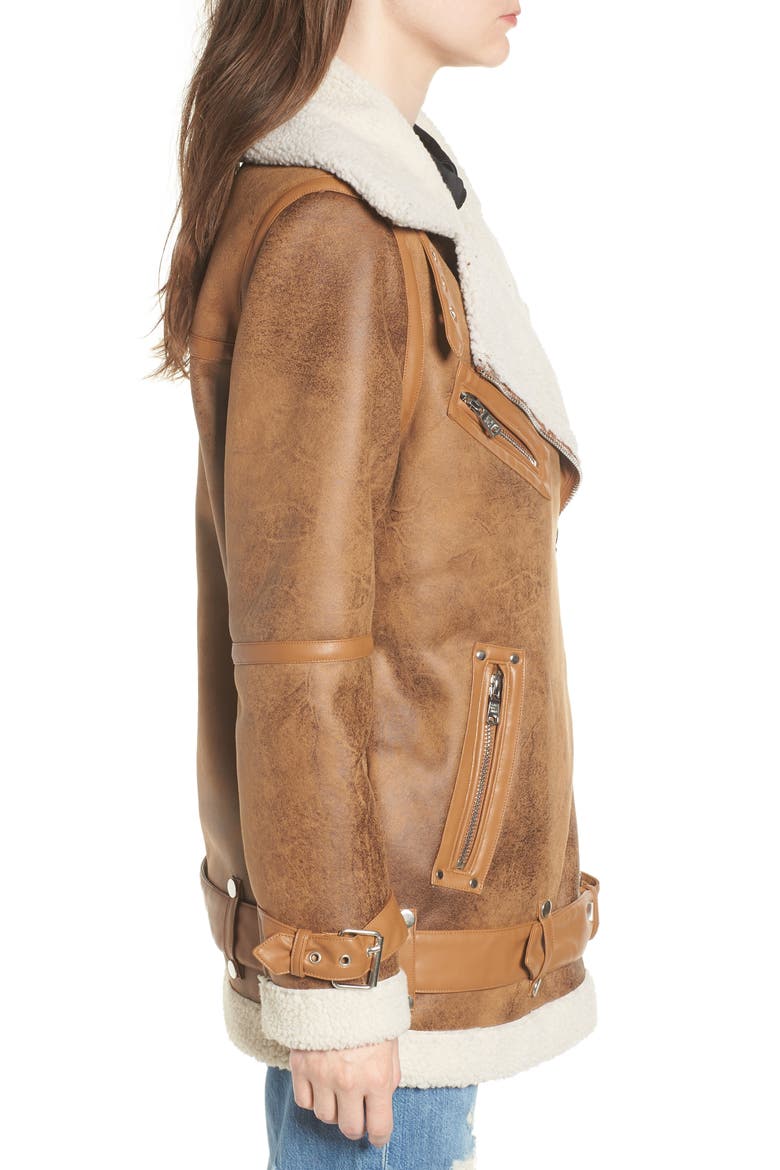 Faux Shearling Biker Jacket, Alternate, color, WHISKEY