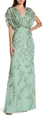 Mac Duggal Beaded V-Neck Short Sleeve Blouson Gown
