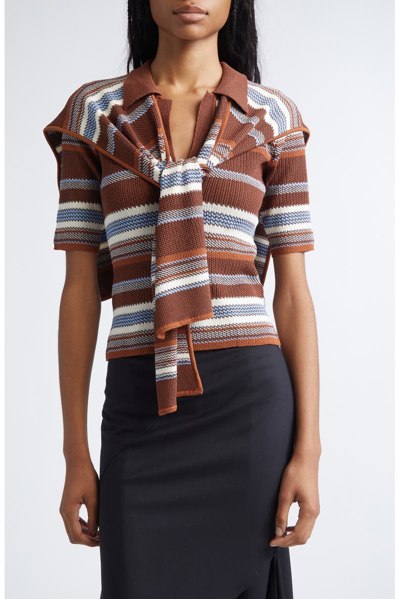 Tie Scarf Overlay Stripe Short Sleeve Sweater, Main, color, BROWN MULTI