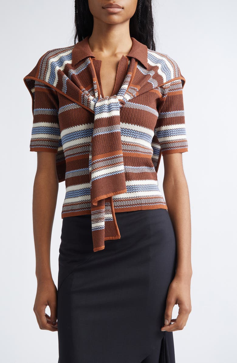 MONSE Tie Scarf Overlay Stripe Short Sleeve Sweater, Main, color, Brown Multi