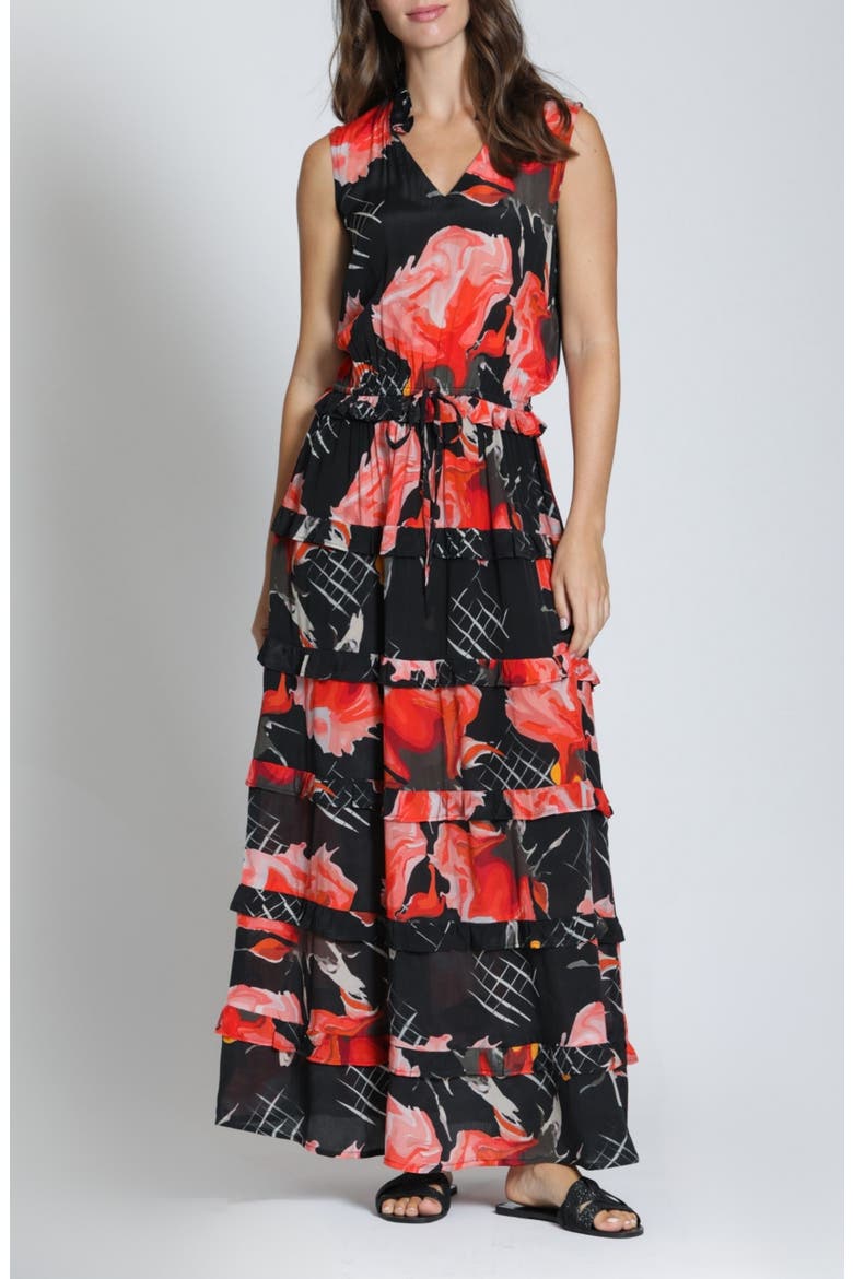 Batik Print Sleeveless Tiered Maxi Dress, Main, color, RED MULTI