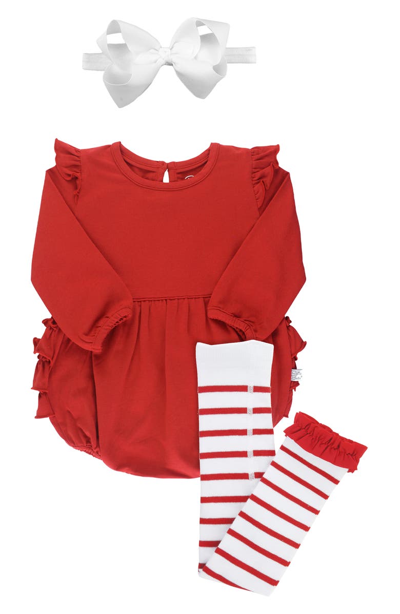 RuffleButts Bubble Romper, Headband & Tights Set, Main, color,