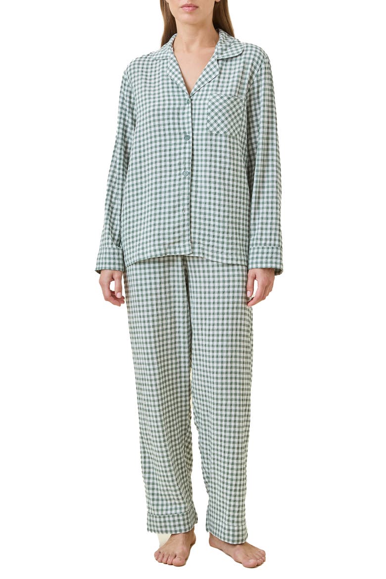 Seersucker Gingham Cotton Blend Pajamas, Main, color, DEEP MOSS