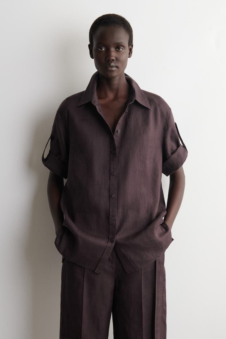 Folded-sleeve Linen Shirt, Main, color, BURGUNDY