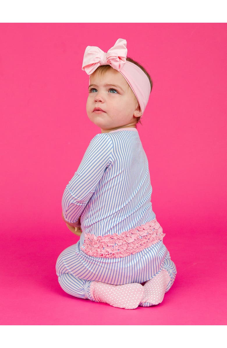 RuffleButts SoftSnooze Baby Girls Ruffle One Piece Footie Pajamas, Alternate, color, Periwinkle & White Stripe