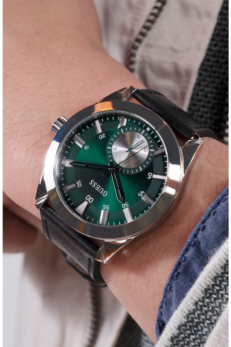 Grayson Leather Strap Watch, 44mm, Alternate, color, BLACK