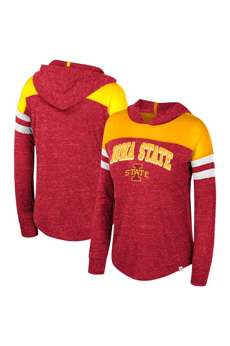 Women's Colosseum Cardinal Iowa State Cyclones Speckled Color Block Long Sleeve Hooded T-Shirt, Alternate, color, Cardinal
