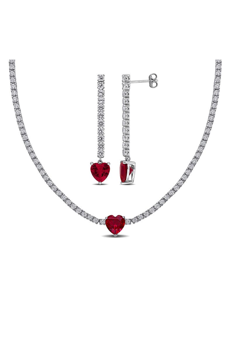 White Sapphire & Lab-Created Ruby Heart Necklace & Drop Earrings, Main, color, RED