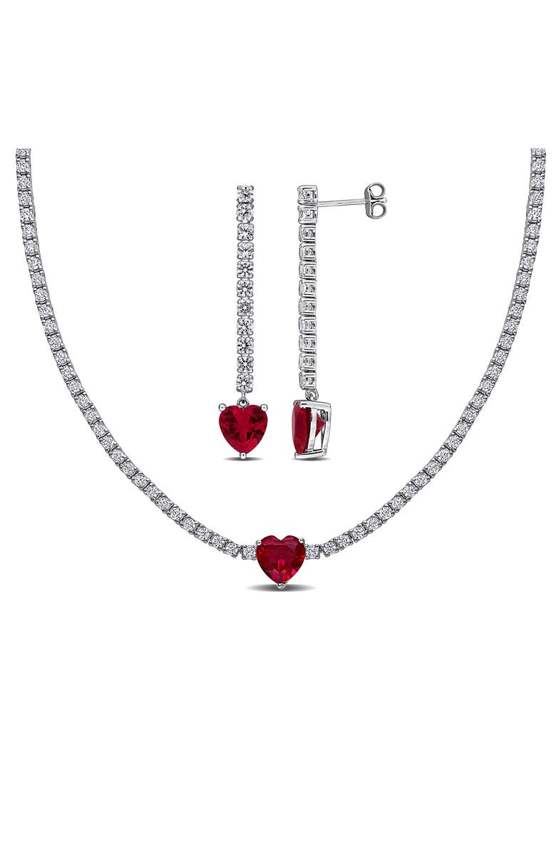 DELMAR White Sapphire & Lab-Created Ruby Heart Necklace & Drop Earrings, Main, color,