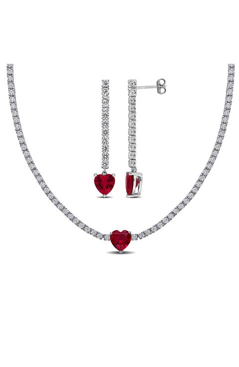White Sapphire & Lab-Created Ruby Heart Necklace & Drop Earrings