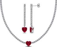 DELMAR White Sapphire & Lab-Created Ruby Heart Necklace & Drop Earrings