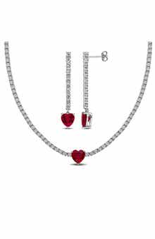 White Sapphire & Lab-Created Ruby Heart Necklace & Drop Earrings