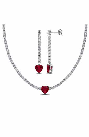 White Sapphire & Lab-Created Ruby Heart Necklace & Drop Earrings