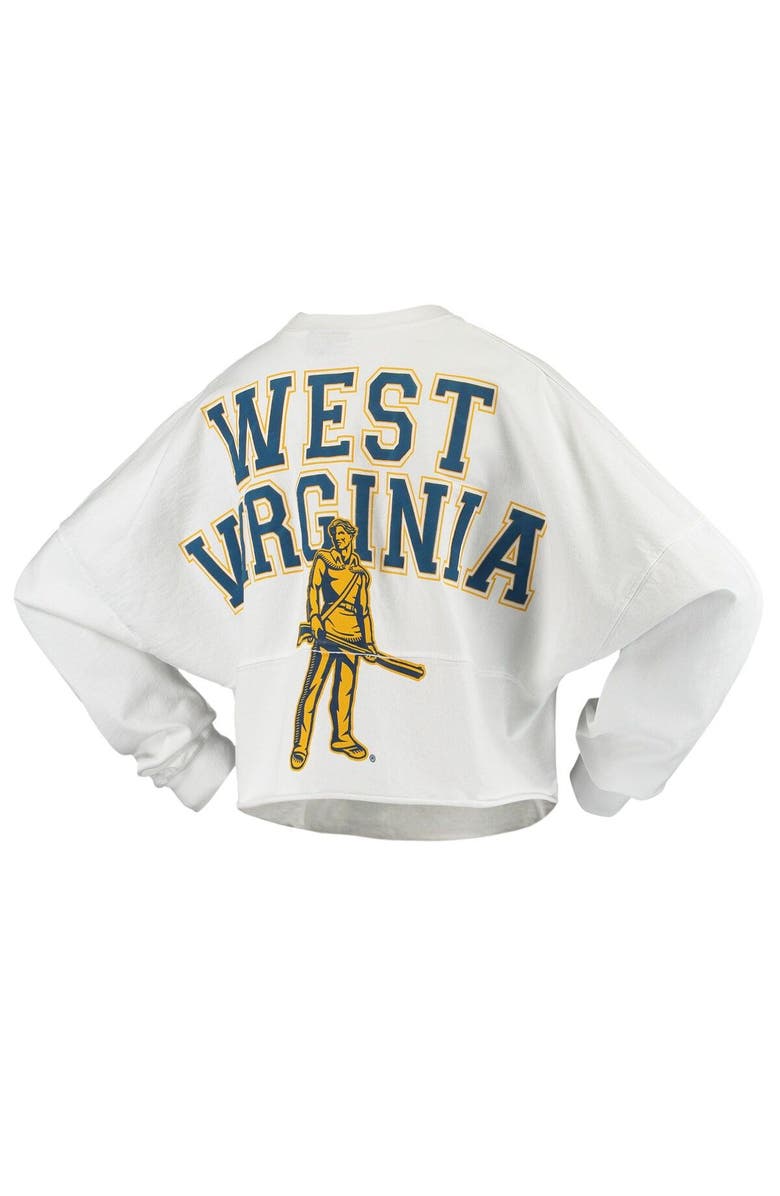 SPIRIT JERSEY Women's White West Virginia Mountaineers Raw Hem Cropped Spirit Jersey Long Sleeve T-Shirt, Alternate, color, 
